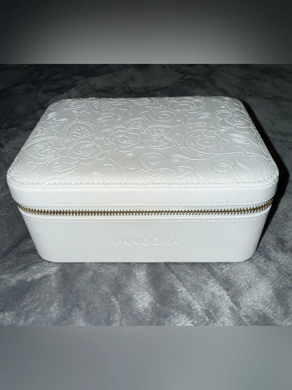New pandora White Embossed Floral Jewelry Case with Gold Zipper